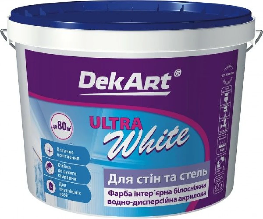 Фарба водно-дисперсійна DekART для стін і стель Ultra White 15 л 20 кг
