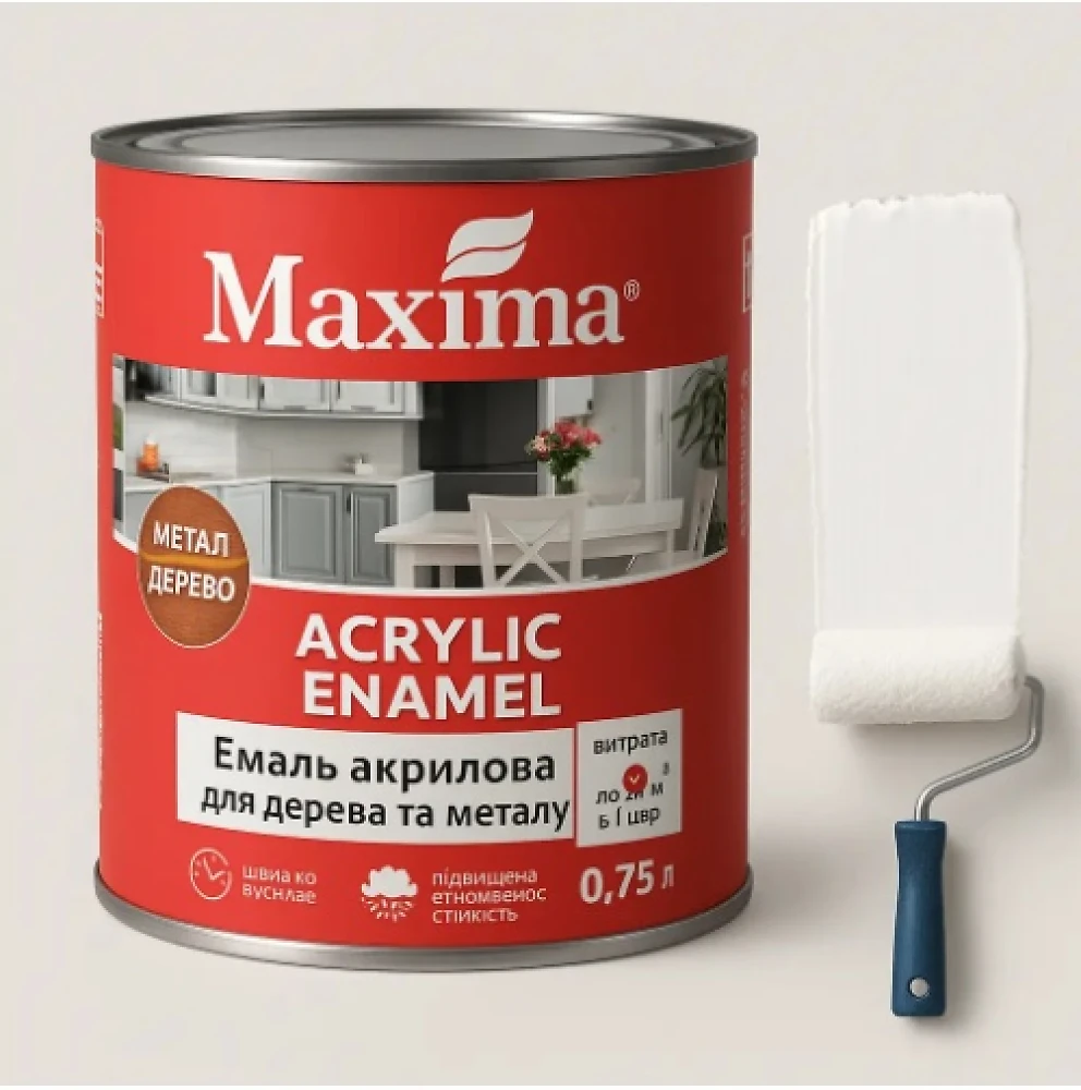 Эмаль акриловая Maxima 0,75 л (для дерева и металла) белая глянцеваяя