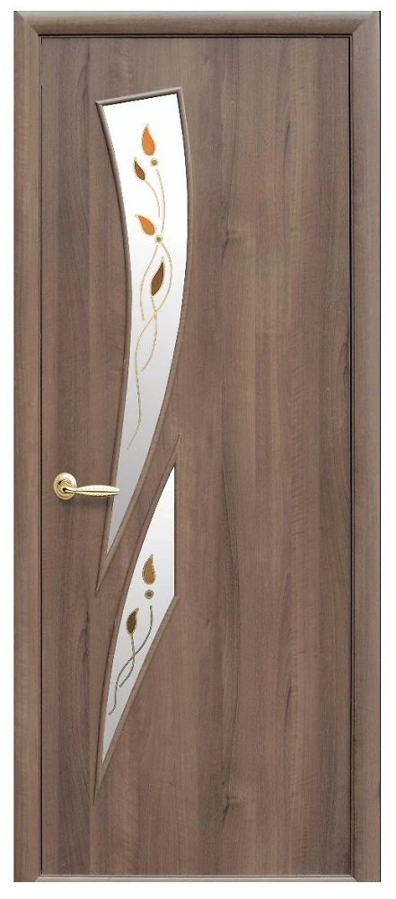 Дверь Модерн Камея Р1 золотая ольха (стекло сатин и рисунок) ПВХ DeLuxe Новый стиль