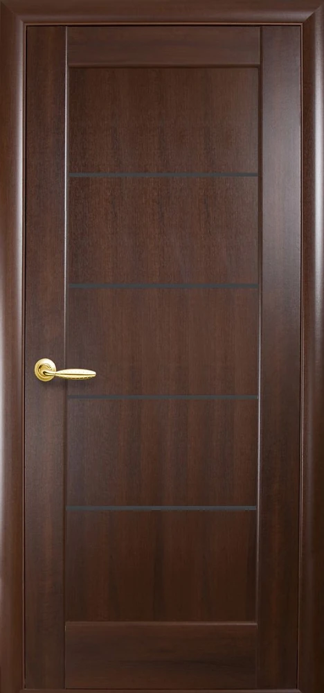 Дверь Ностра Мира каштан (с чёрным стеклом) ПВХ DeLuxe Новый стиль