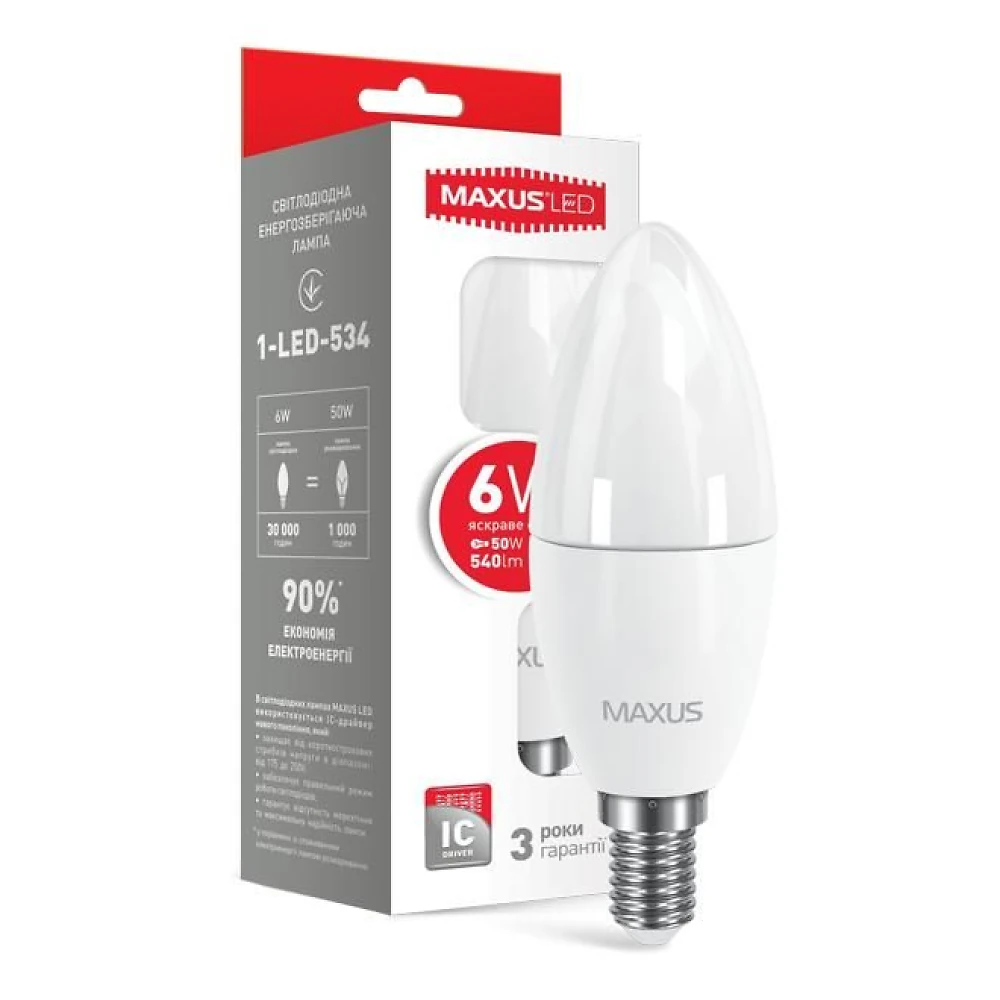 Лампа светодиодная свеча 6Вт  220В Е14 4100K Maxus 1-LED-534