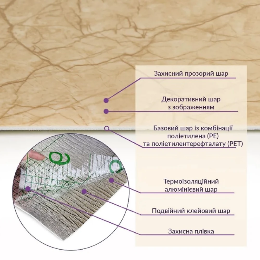 Самоклеющаяся PET  плитка в рулоне WB-YC-123 (Бежевый мрамор) 3000*600 мм