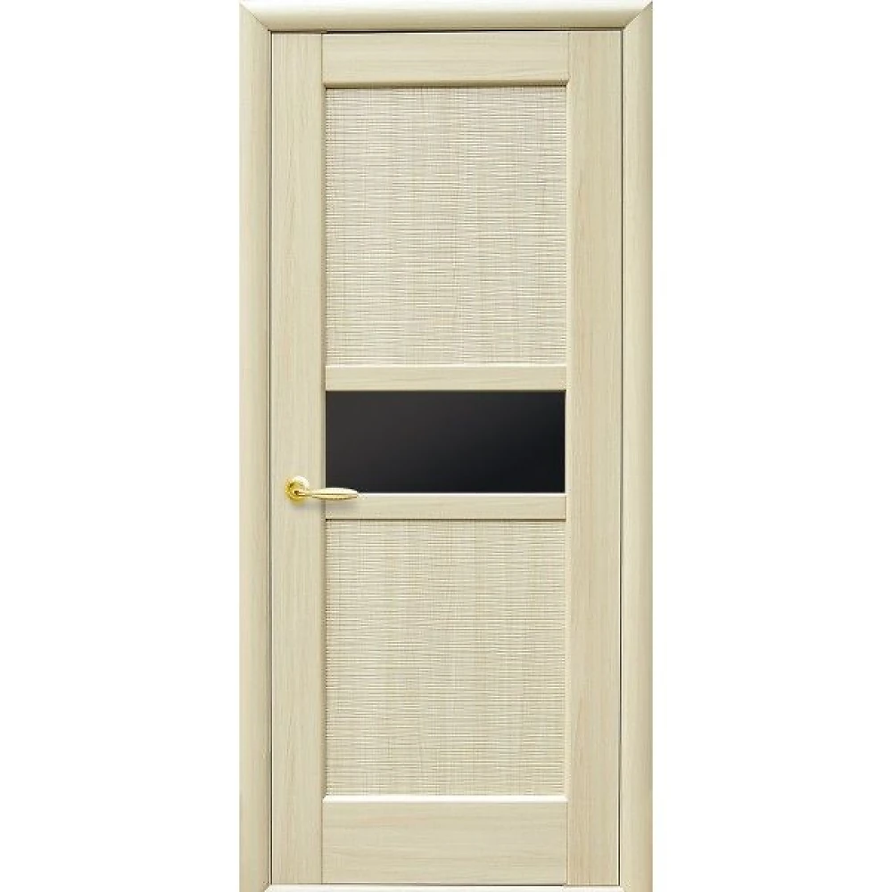 Дверь  Ностра ясень Рифма (с чёрным стеклом) ПВХ DeLuxe Новый стиль