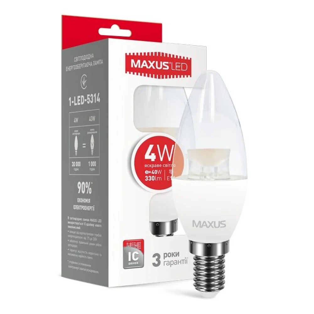 Лампа светодиодная свеча 4Вт  220В Е14 4100K Maxus 1-LED-5314 (гарантия три года)
